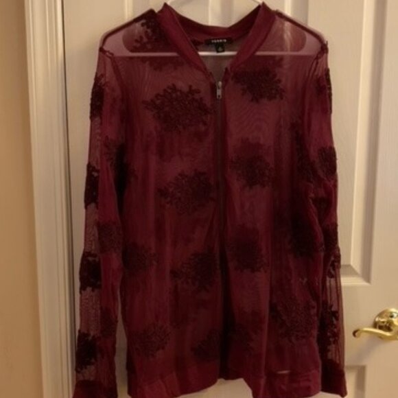torrid Jackets & Blazers - Torrid Burgundy Sheer Jacket With Appliques, Size 2x